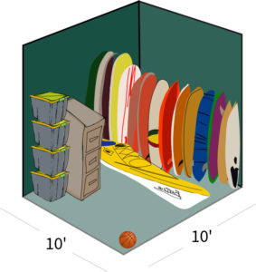 a 10x10 storage space with tote bins, a filing cabinet, a kayak, a quiver of surfboards and a basketball for scale