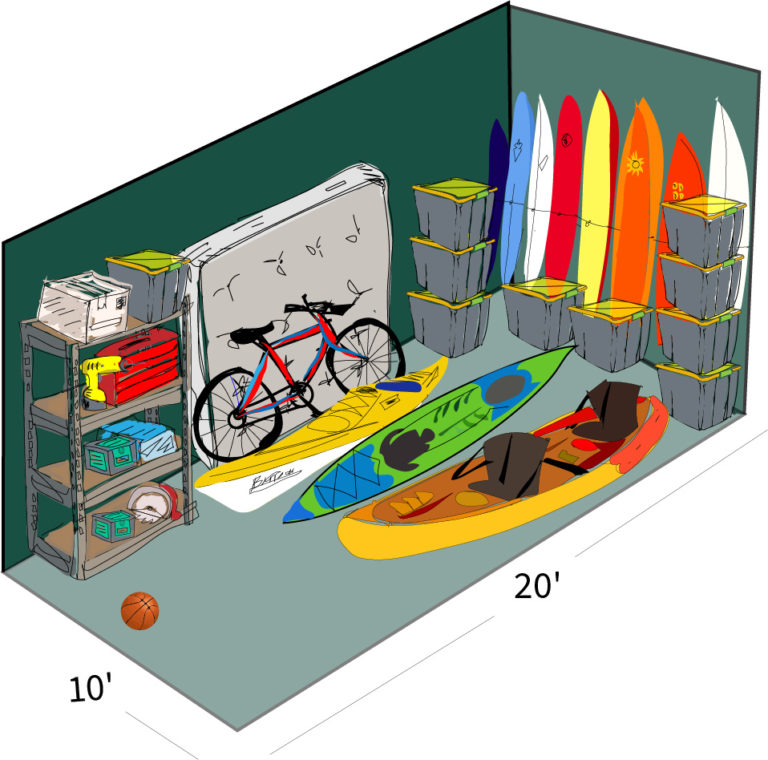 a 10 by 20 storage space with a utility shelf with boxes, tools and a tool chest on it, a mattress, a mountain bike, 3 two-person kayaks, 9 totes and a quiver of 8 surfboards