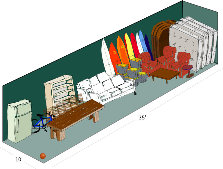 10x35 space with refrigerator, bike, dining table and chairs, bookshelf, 2 couches, 7 totes, 3 armchairs, 4 bed frames, 4 mattresses, a couple of coffee tables and a quiver of surfboards and a basketball for scale, with room to spare